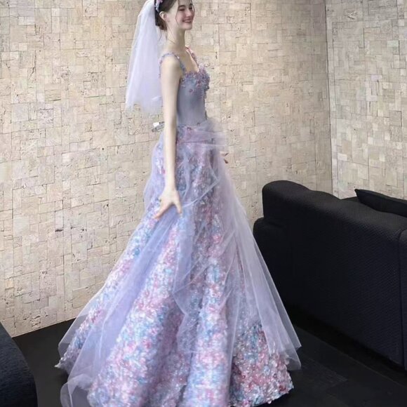 👑Fairy Tale Lilac Purple Ruffled Gown Flower Tulle Dress👑 - Picture 4 of 9